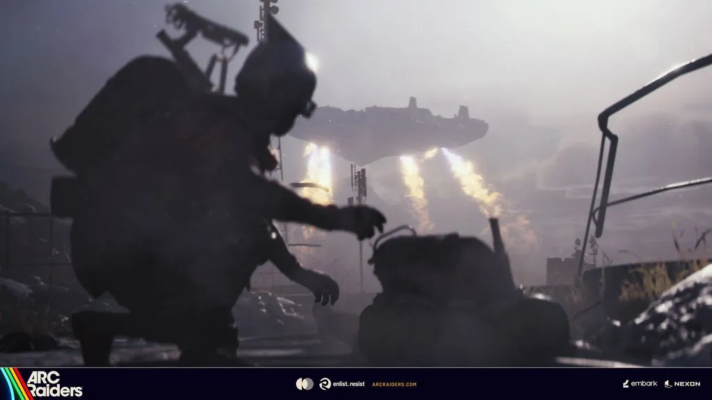 Un Raider observe une immense machine volante dans les montagnes d’ARC Raiders.