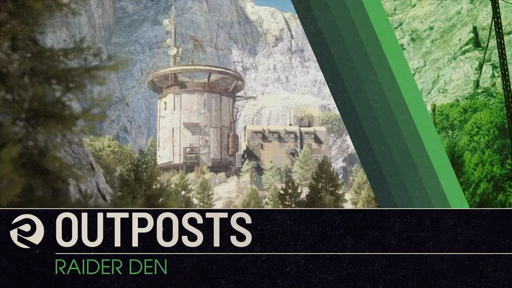 Un avant-poste en bois aux fenêtres éclairées parmi les arbres et les rochers dans ARC Raiders.