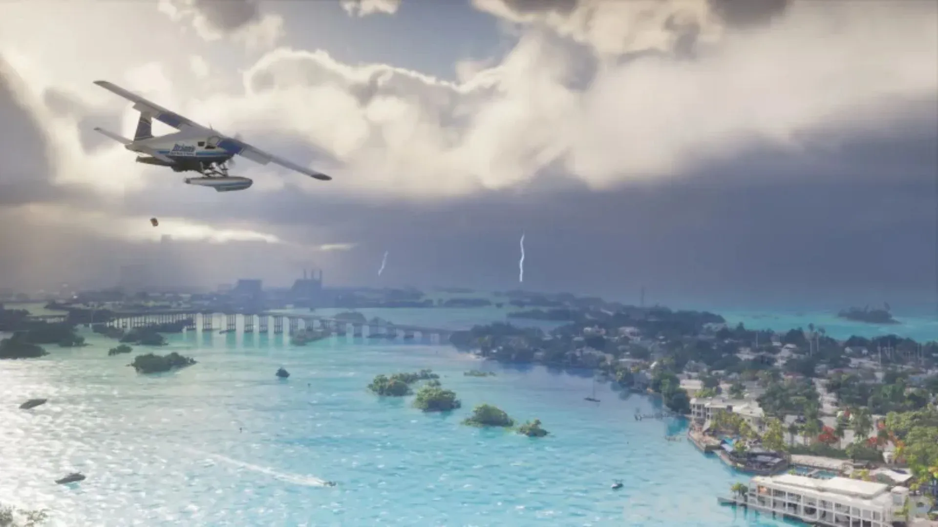 Un hydravion survole des eaux turquoise parsemées d’îlots pendant qu’un orage éclate à l’horizon.