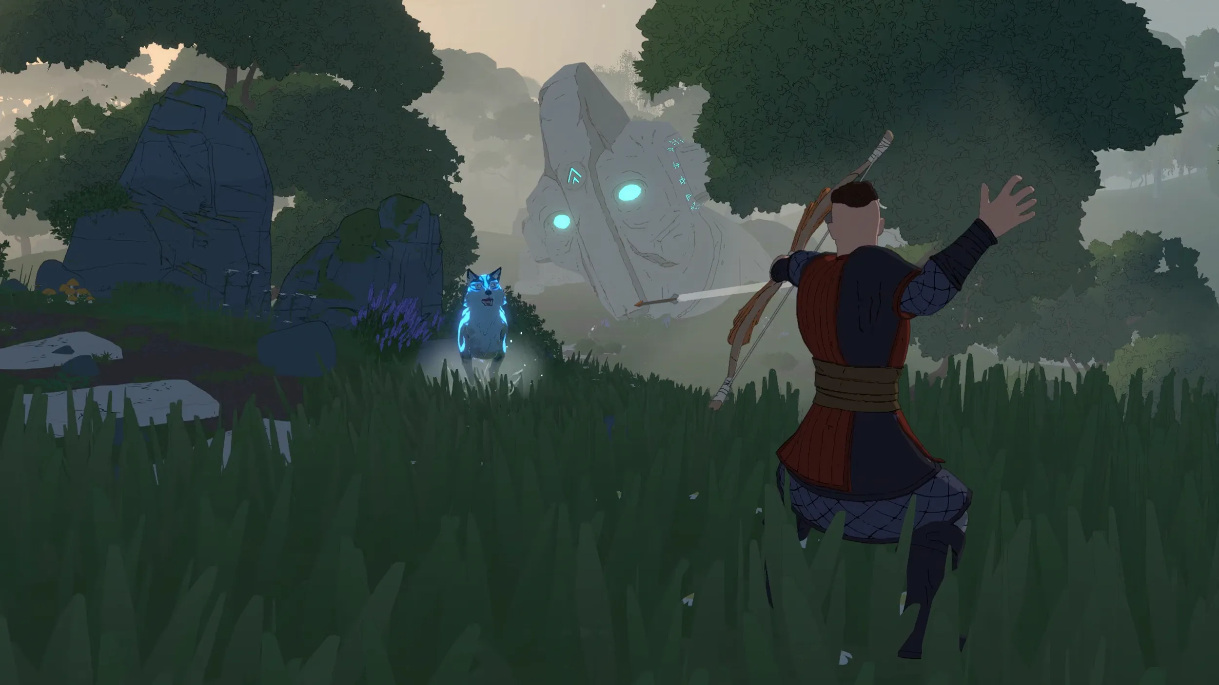 Un personnage vise un ennemi avec son arc dans les paysages brumeux de Stormforge.