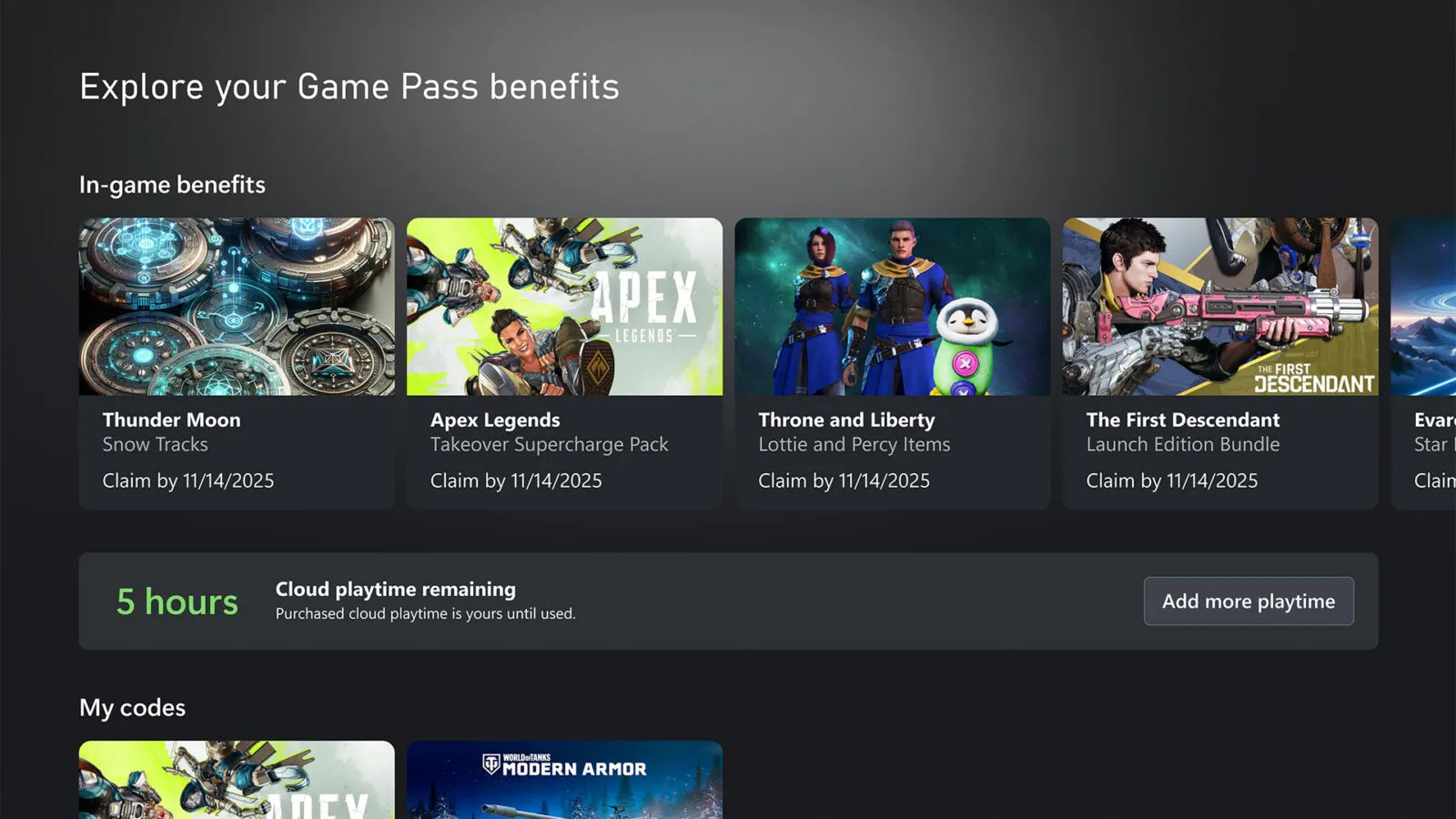 Interface Game Pass présentant le temps de jeu restant dans Xbox Cloud Gaming et un bouton pour acheter des heures supplémentaires.