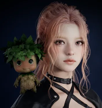 Un petit Elim au corps de bois et à la chevelure de feuilles accompagne un personnage d’AION 2 sur son épaule.