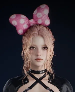 Un personnage d’AION 2 porte un grand nœud rose à pois blancs sur la tête.