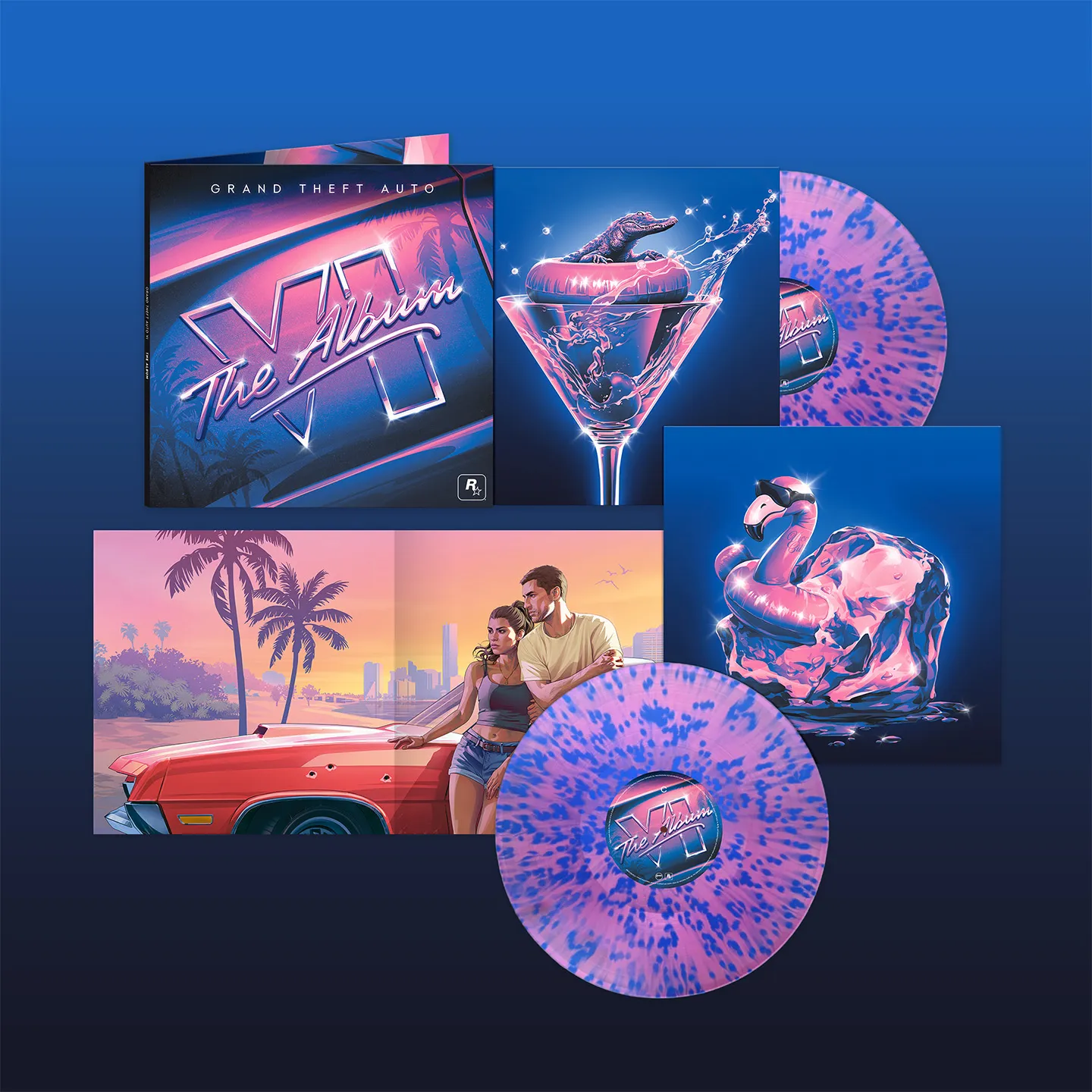 L’édition vinyle de Grand Theft Auto VI: The Album présente deux disques roses mouchetés de bleu, leur pochette et des illustrations de Lucia, Jason, d’un alligator et d’un flamant rose.