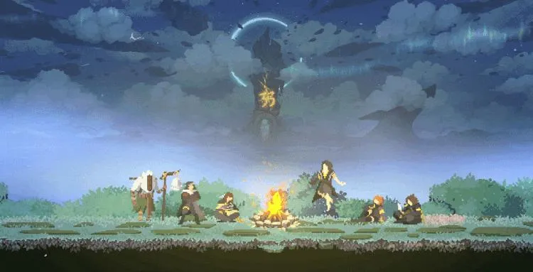 Les membres de l’Expédition et Esquie se retrouvent autour d’un feu de camp, avec le monolithe à l’horizon.