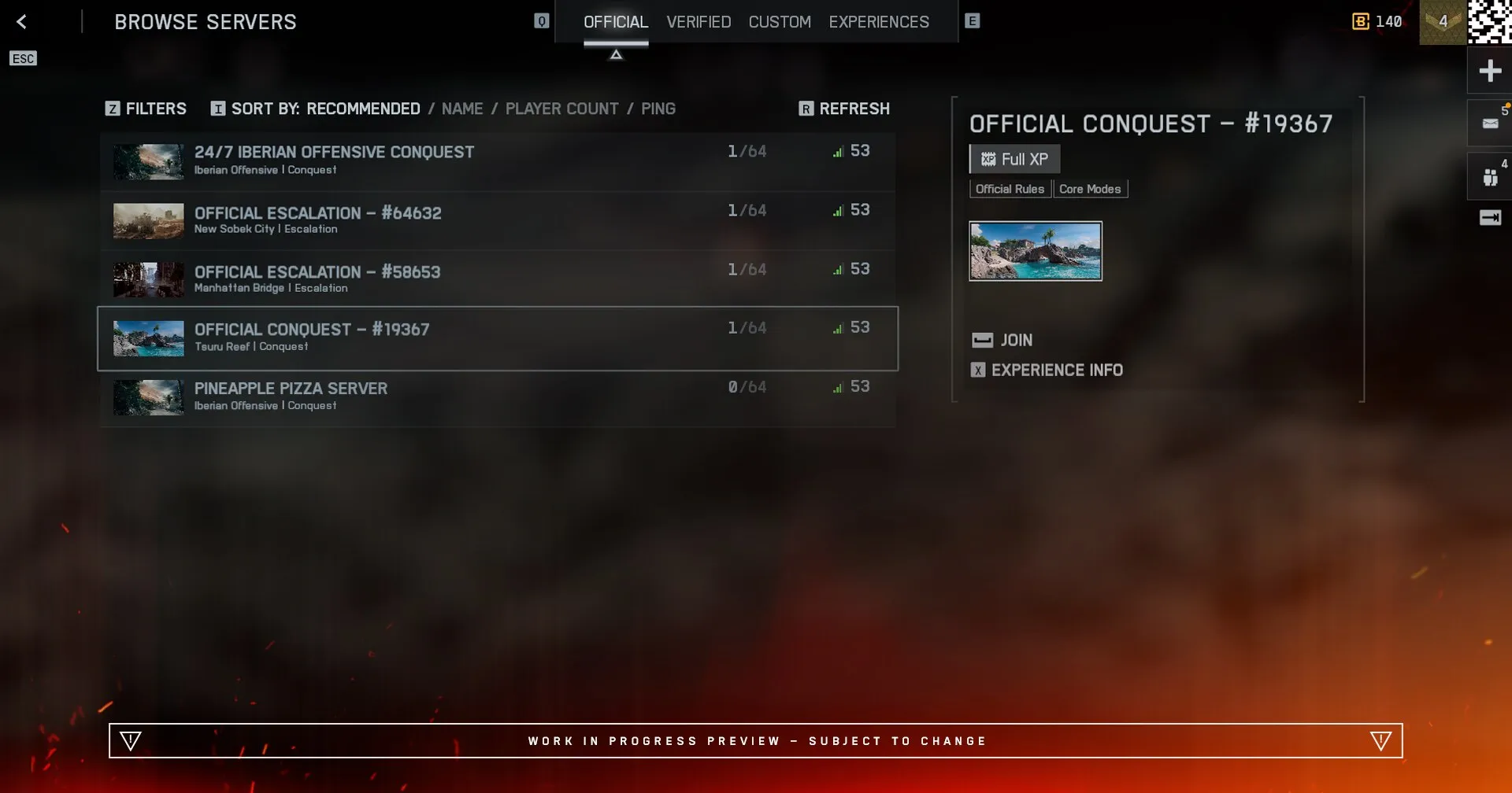 Aperçu en développement du navigateur de serveurs de Battlefield 6, avec une liste de parties et des informations sur leur population et leur latence.