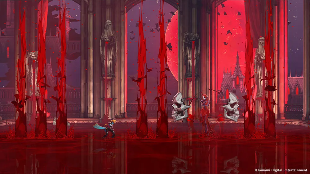 Rose Belmont affronte une créature dans une salle gothique rouge, entre deux crânes flottants et des colonnes de sang.