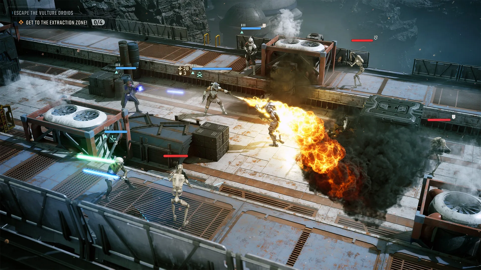 Combat tactique de Star Wars Zero Company sur une plateforme industrielle, avec des soldats, des droïdes, un sabre laser vert et un jet de flammes.