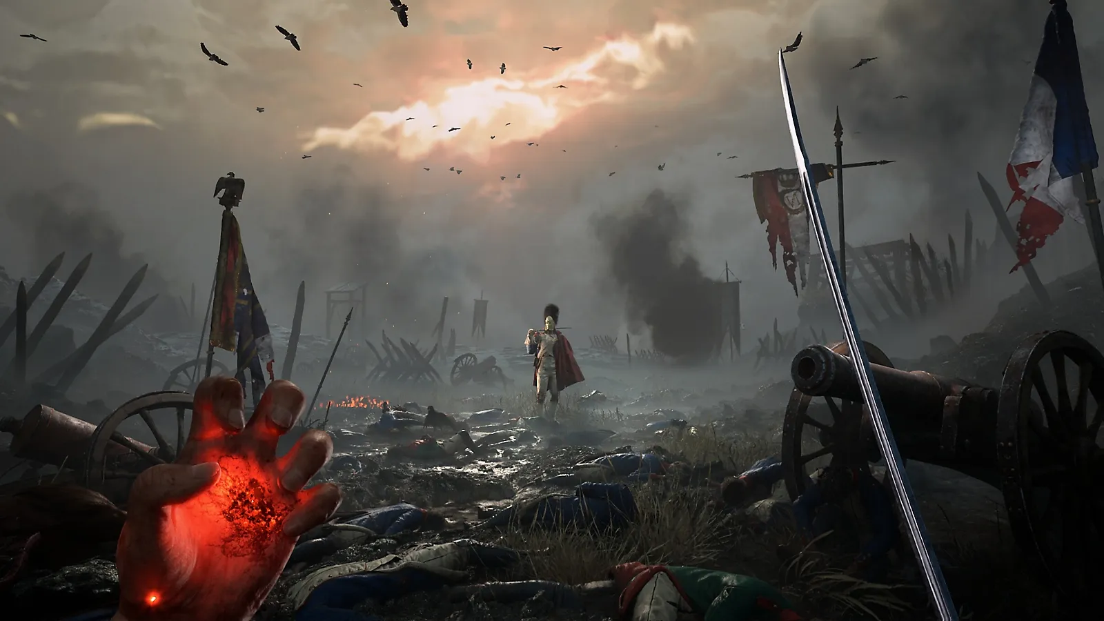 Un capitaine se tient au milieu d’un champ de bataille couvert de cadavres dans l’univers napoléonien horrifique de Valor Mortis.