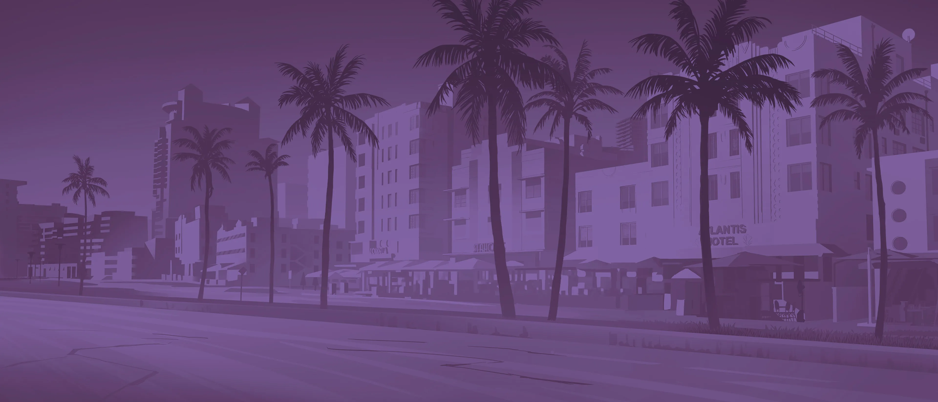 Vue illustrée des hôtels et des palmiers de Vice City dans des tons violets, visuel officiel de Grand Theft Auto VI.