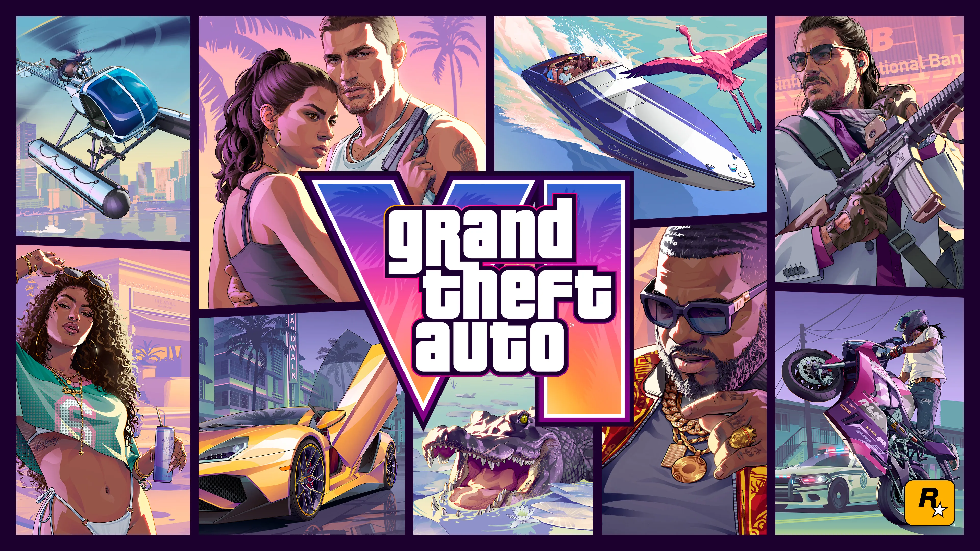 L’illustration officielle de GTA 6 rassemble Jason, Lucia et plusieurs scènes de Leonida autour du logo du jeu.