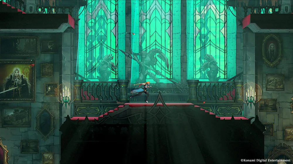Rose Belmont traverse une galerie gothique ornée de portraits et de grands vitraux verts dans Castlevania: Belmont’s Curse.