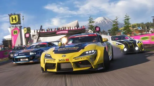 Deux voitures glissent sur une route bordée de cerisiers roses devant les installations du festival dans Forza Horizon 6.
