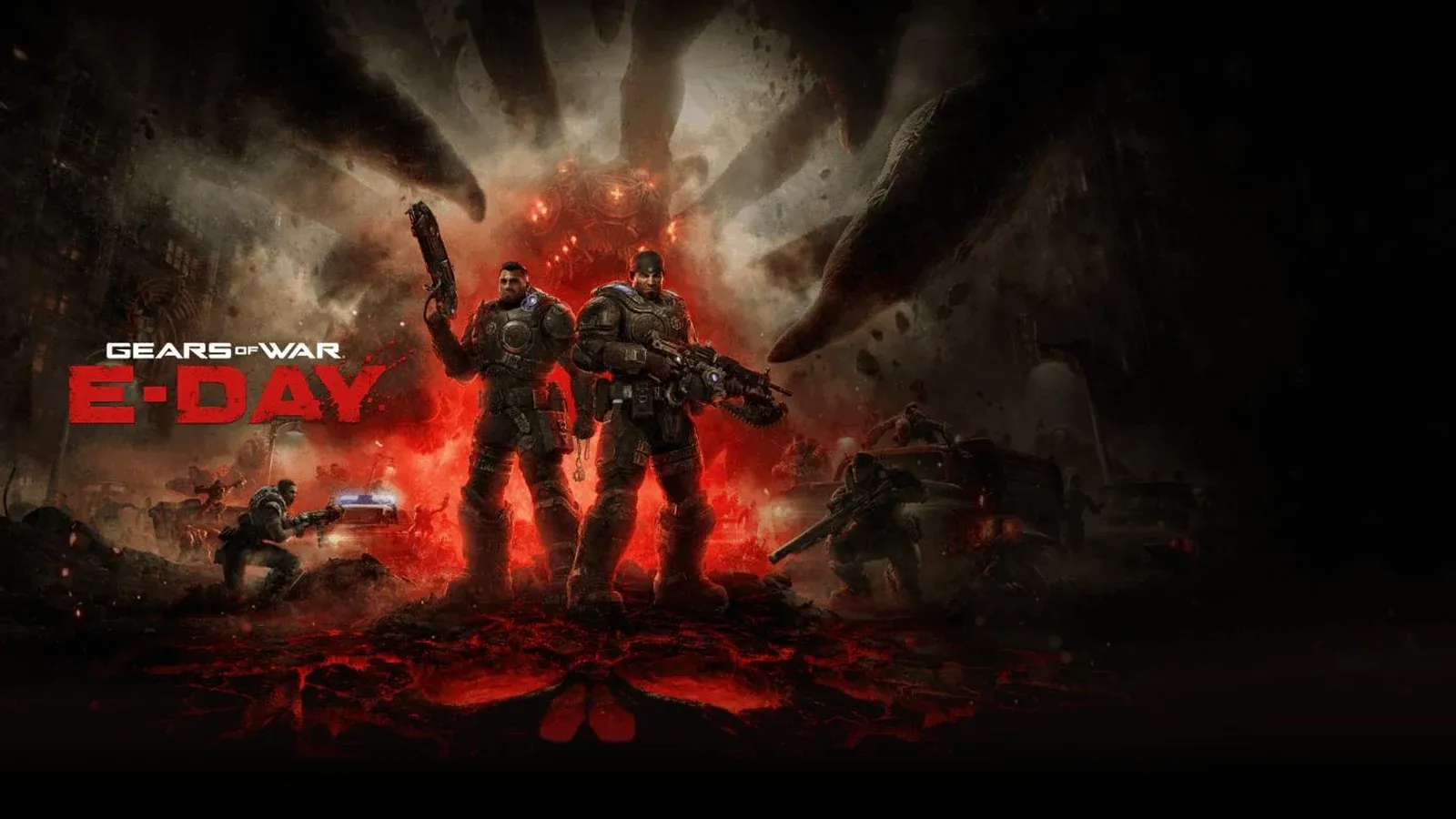 Visuel officiel de Gears of War: E-Day : deux soldats en armure se tiennent debout dans un décor de ruines rougeoyantes, sous d'immenses griffes menaçantes, à côté du logo du jeu.