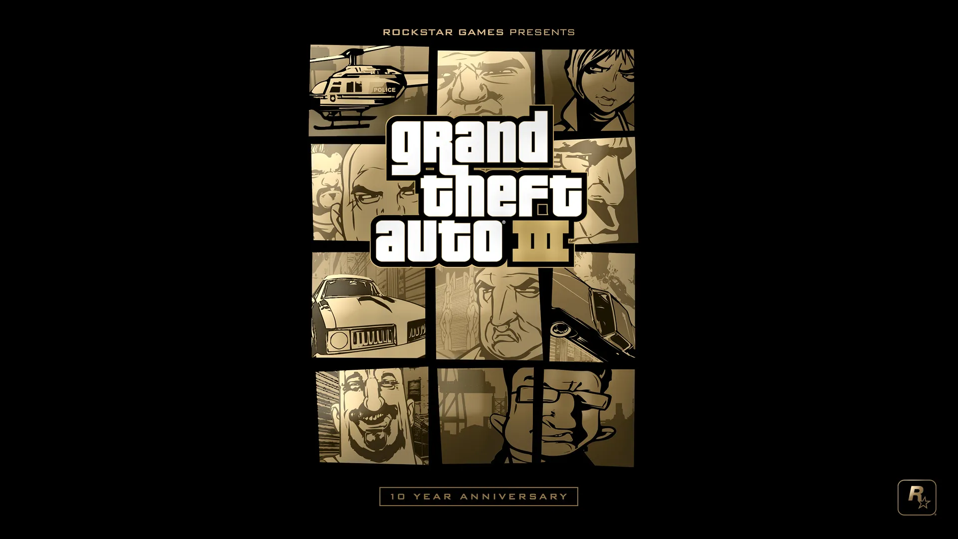 Illustration anniversaire de GTA III avec son logo et une mosaïque de personnages et de véhicules en noir et doré.