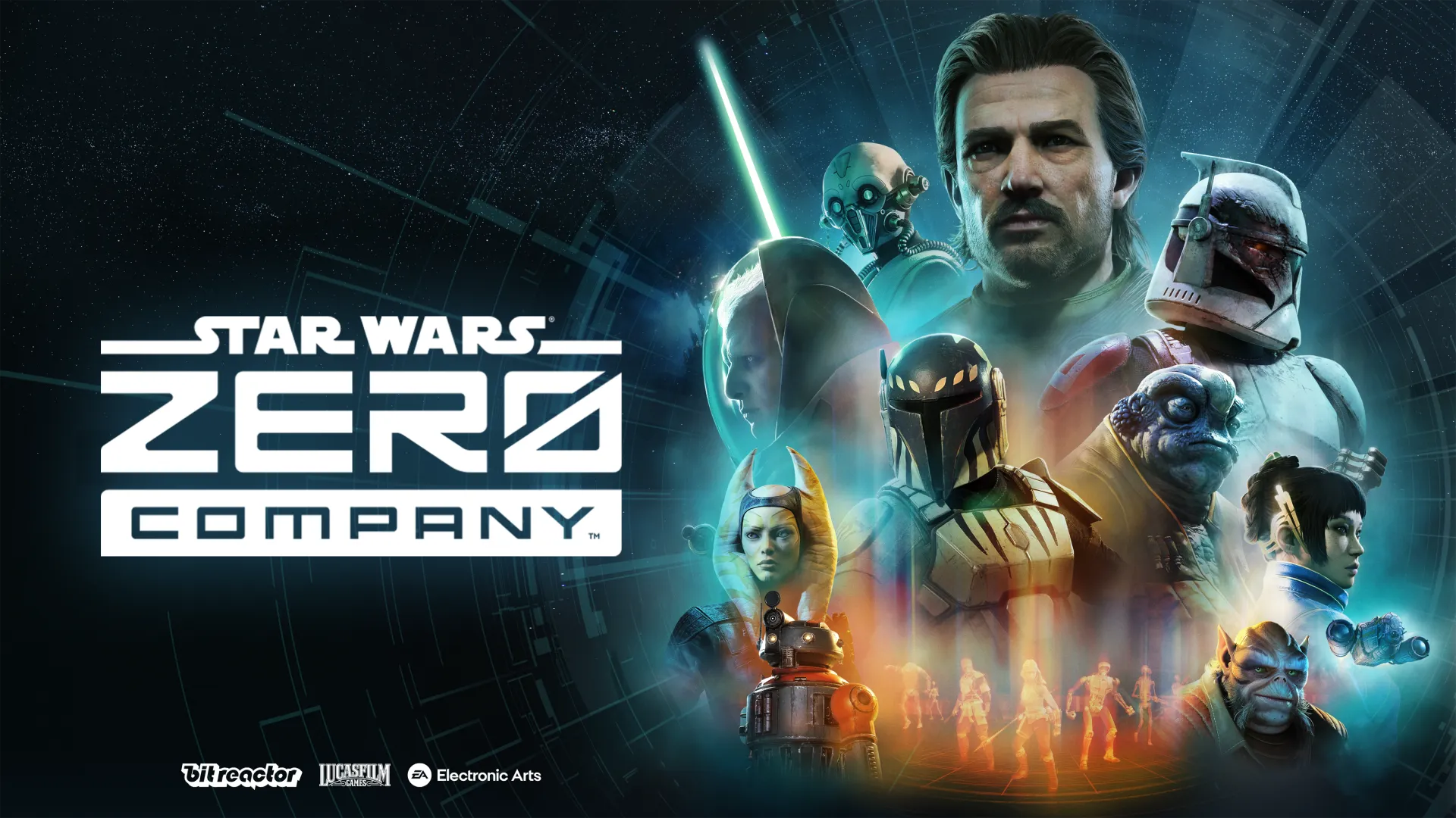 Le logo Star Wars Zero Company accompagne une composition réunissant Hawks, plusieurs combattants, des extraterrestres et un droïde sur un fond galactique bleu.