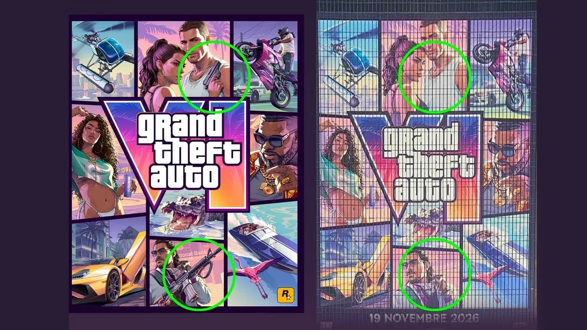 Comparaison entre la jaquette originale de GTA VI à gauche et la publicité géante de Bagnolet à droite, avec les deux armes retirées entourées en vert.