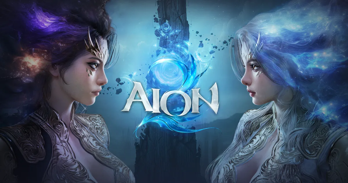 Deux personnages d’AION 2 se font face de part et d’autre du logo du jeu, devant un paysage fantastique éclairé de bleu.