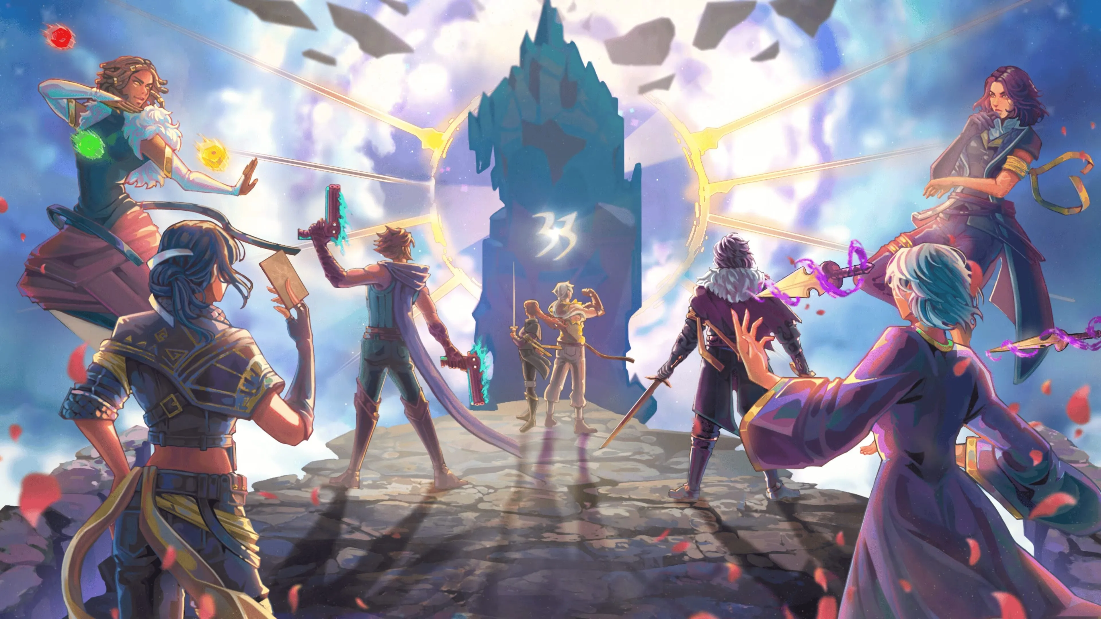 Les personnages d’Astral Ascent et de Clair Obscur: Expedition 33 se rassemblent face au monolithe marqué du nombre 33.