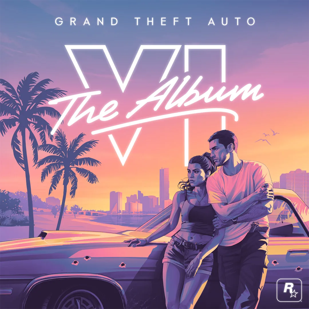 Lucia et Jason posent devant une voiture au coucher du soleil, sous le logo Grand Theft Auto VI: The Album, avec des palmiers et la ville en arrière-plan.