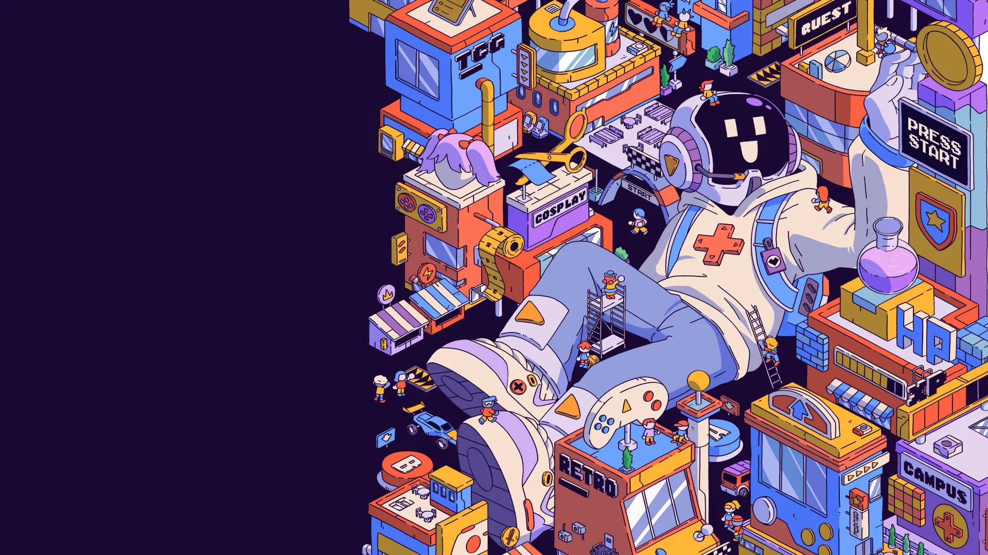 Illustration officielle de la Paris Games Week 2026 montrant une mascotte au casque audio dans une ville colorée inspirée du jeu vidéo.