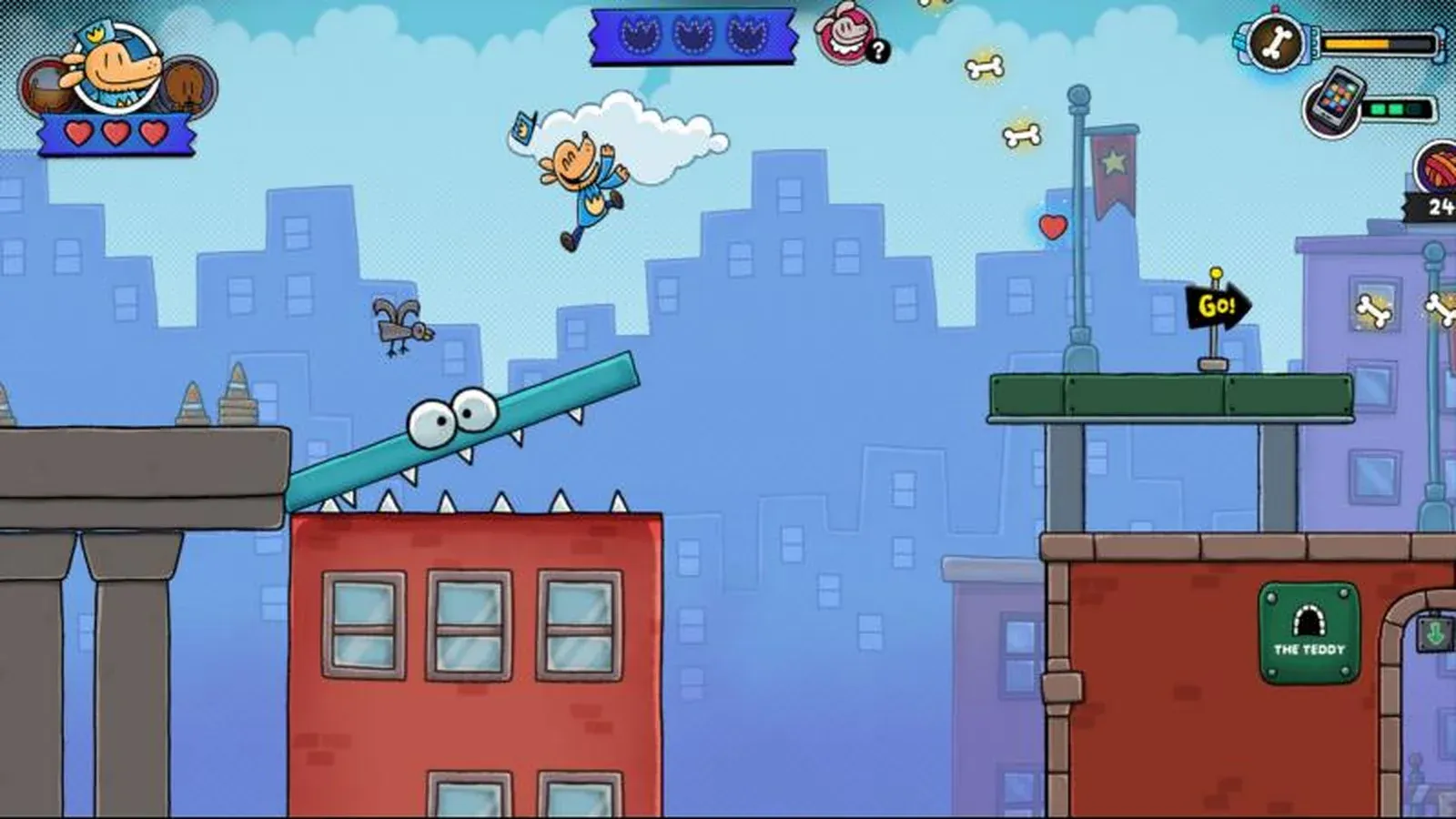 Dog Man saute au-dessus des toits dans Dog Man : Bark in Action. Image : Mindscape