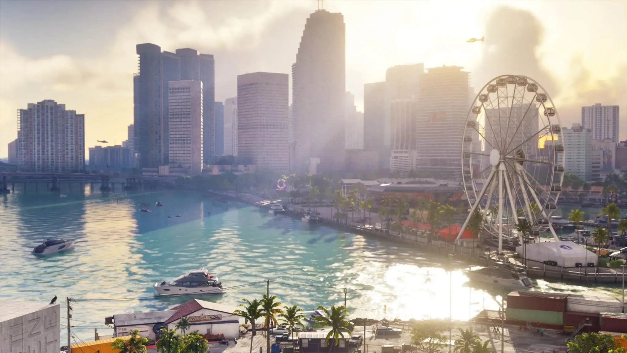 Le front de mer de Vice City, avec grande roue, bateaux et hélicoptères. Image : Rockstar Games