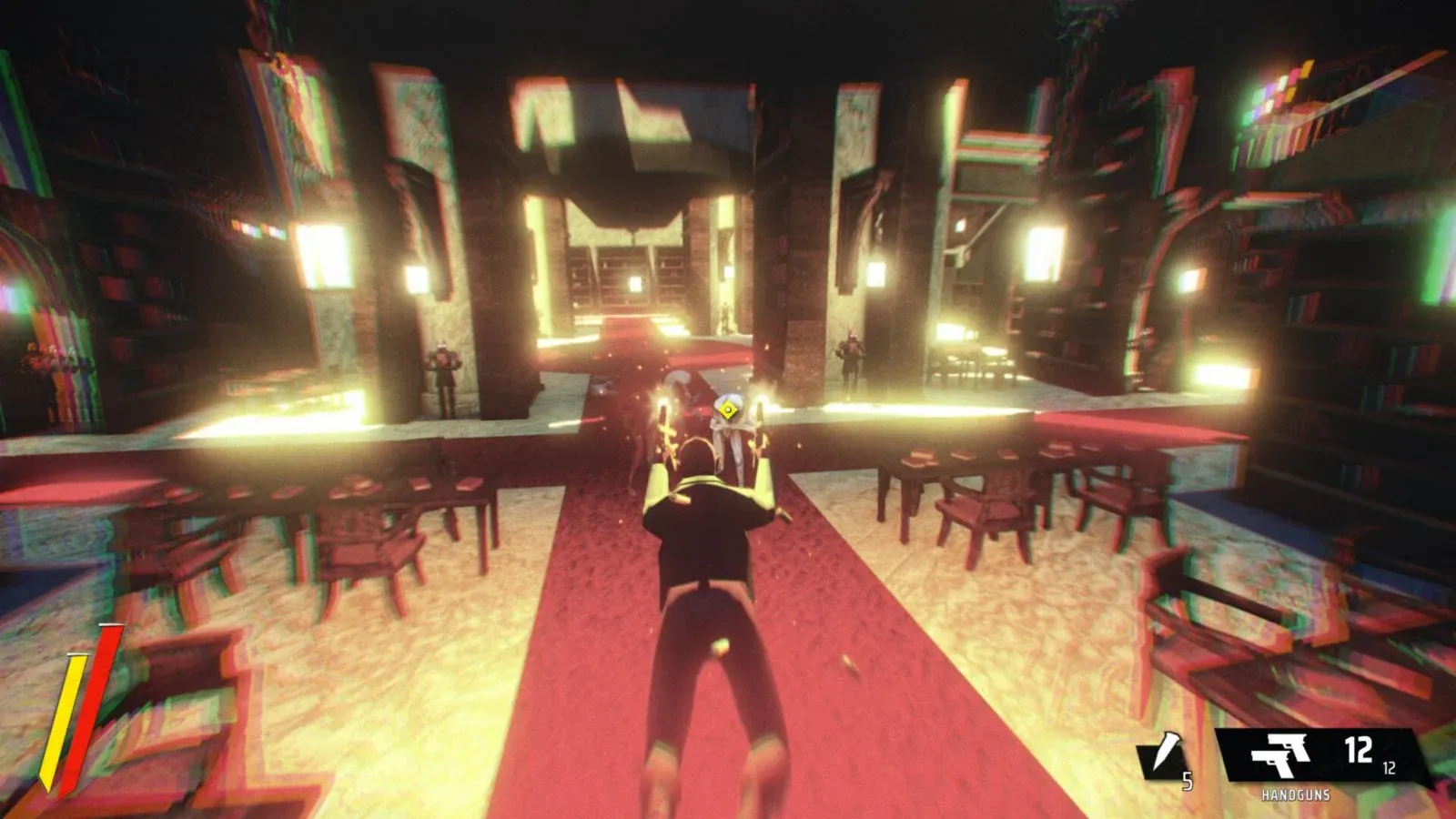 Dans El Paso, Elsewhere 2, un tireur avance sur un tapis rouge dans une grande salle sombre, aux couleurs saturées.