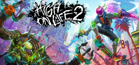 Un personnage en armure réalise une figure sur un skateboard dans un décor extraterrestre coloré sous le logo High on Life 2.