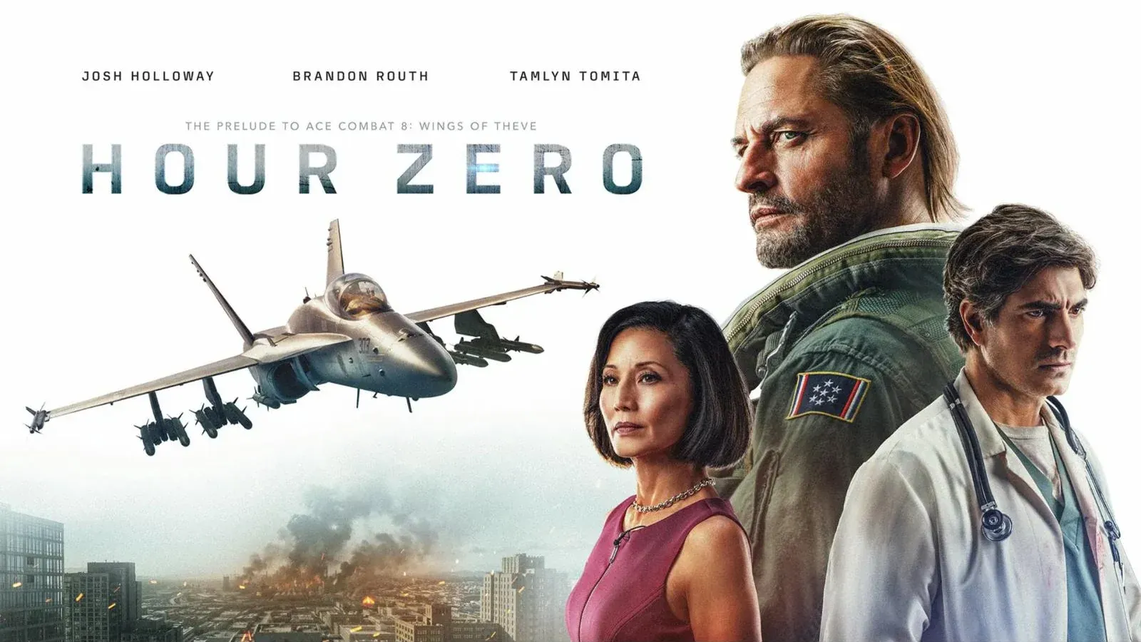 Affiche de la série Hour Zero : un pilote, une présentatrice et un médecin devant un chasseur et une ville en flammes.