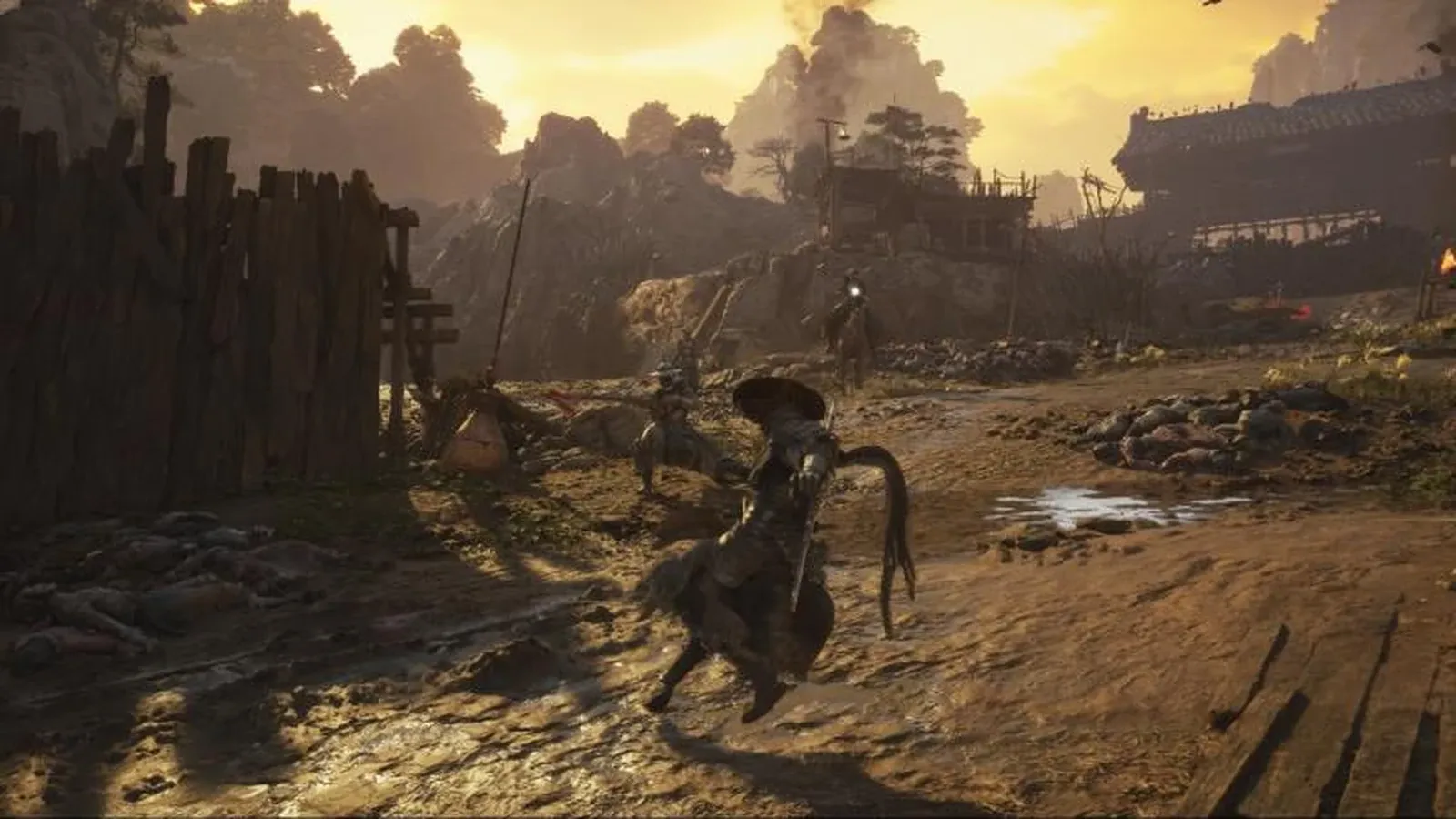 Soul esquive dans un village de bois au coucher du soleil. Image : S-GAME