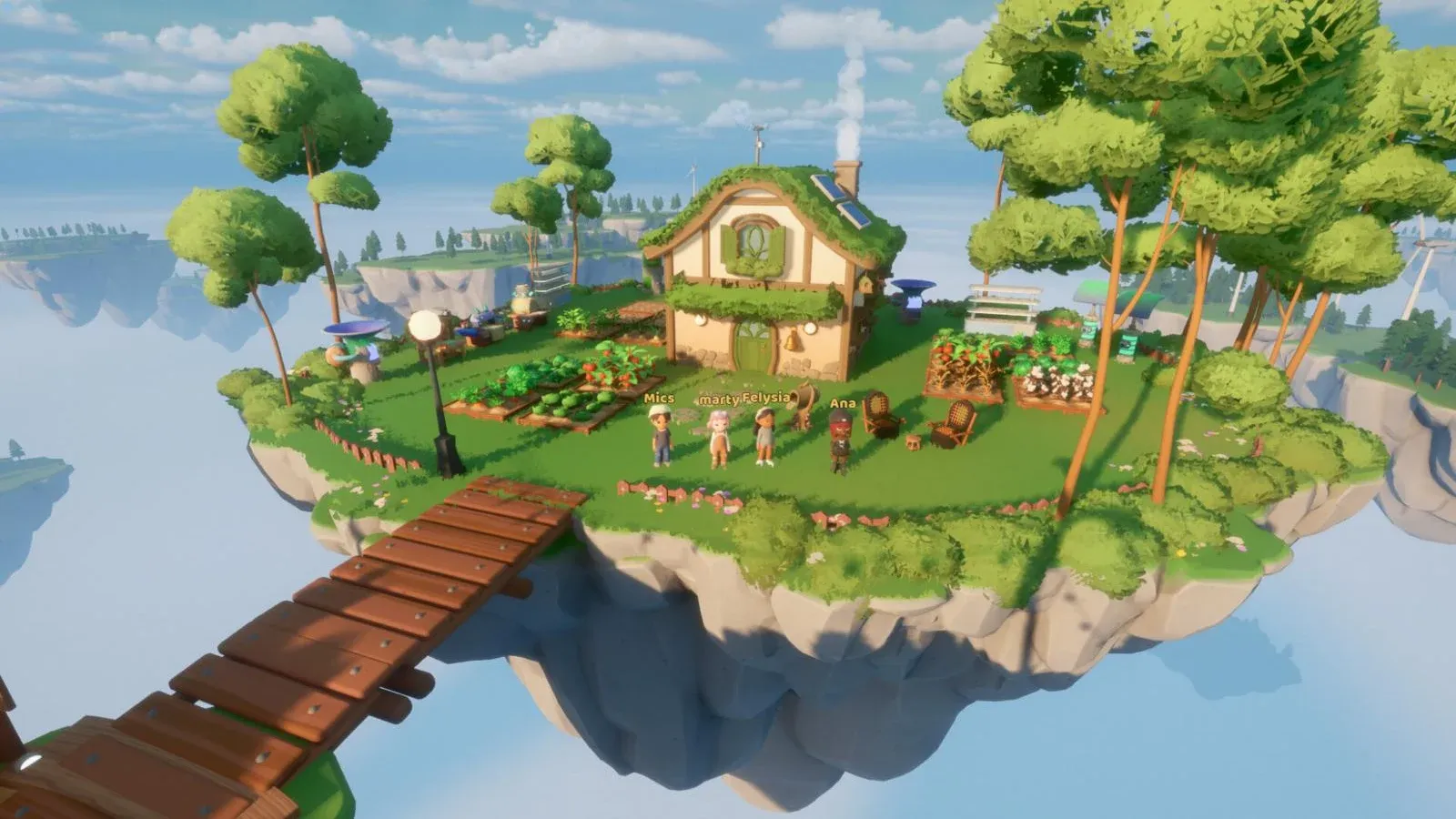 Une île flottante avec une maison au toit végétal, un potager et quatre joueurs, reliée par un pont de bois, dans Loftia.