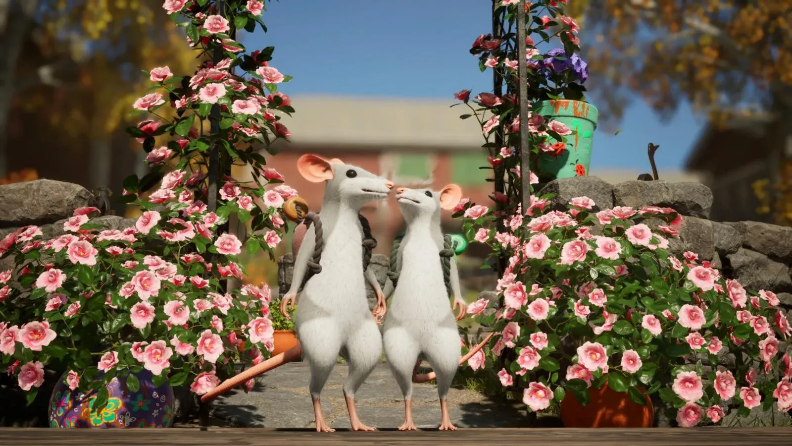 Deux souris blanches debout devant des rosiers en fleurs dans Hela: of Mice & Magic.