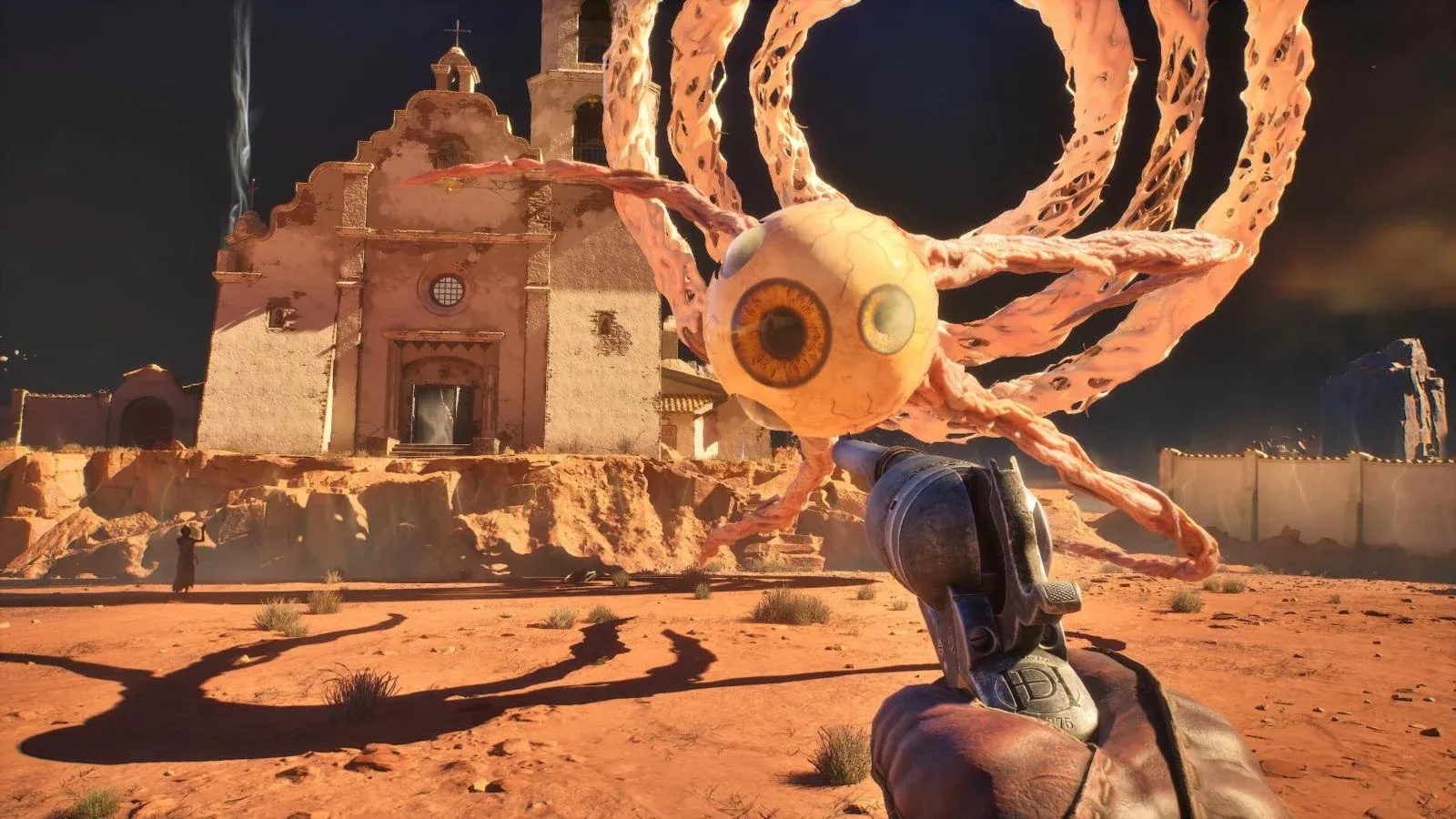 Dans Guns of Eschaton, un revolver braqué sur une créature faite d’un œil géant et de tentacules, devant une église du désert.