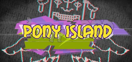 Le logo jaune Pony Island apparaît sur un fond sombre représentant une borne d’arcade aux effets numériques déformés.