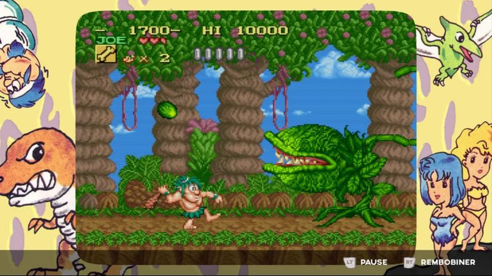 Joe affronte une plante carnivore dans Joe & Mac Retro Collection. Image : Red Art Games