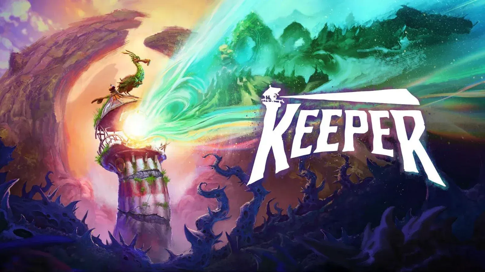 Visuel officiel de Keeper : un phare surmonté d’un oiseau projette un faisceau de lumière colorée à côté du logo du jeu.
