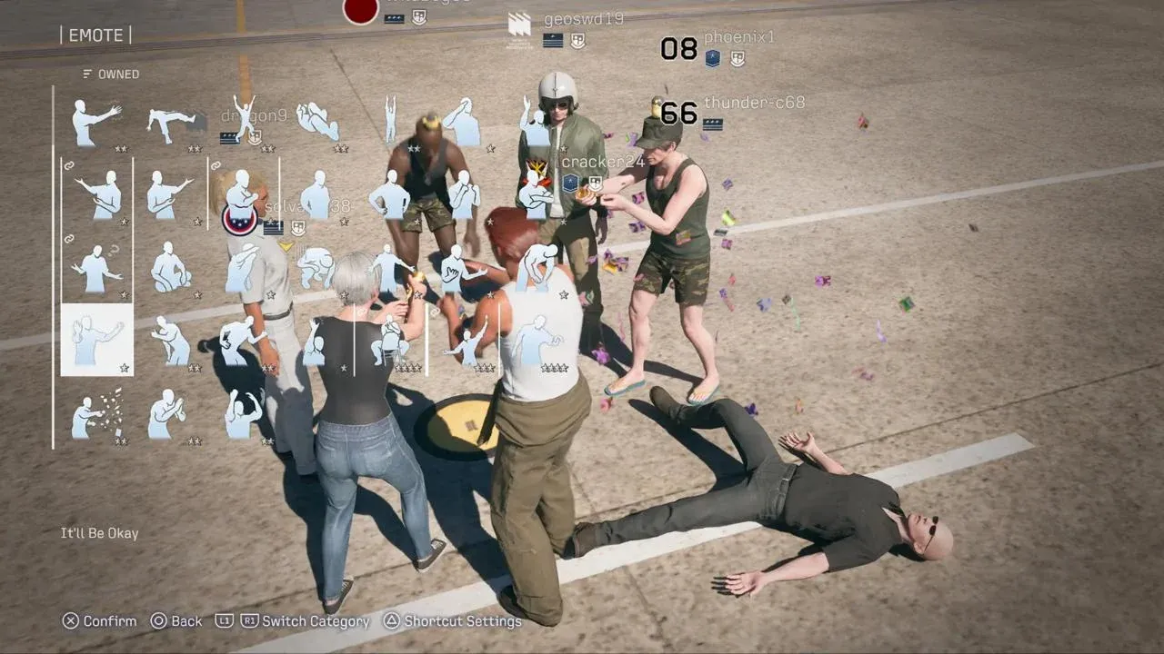 Lobby en ligne d’Ace Combat 8 : des avatars font la fête sur un tarmac au milieu des confettis, avec le menu des emotes ouvert.