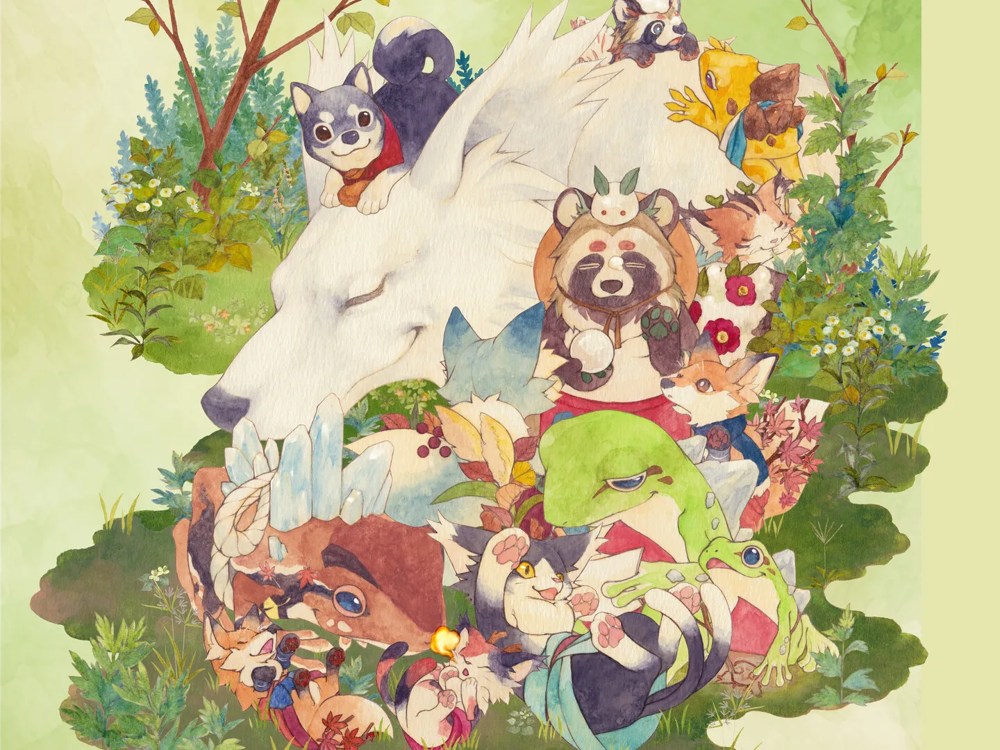 Plusieurs créatures du monde de Mononoke no Kuni se rassemblent autour d’un grand animal blanc dans une illustration aux couleurs douces.