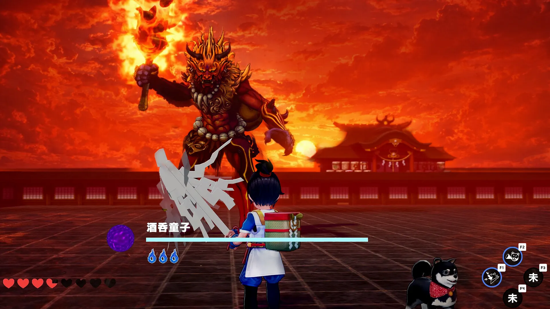 Taiki et Musashi affrontent un imposant yōkai armé d’une massue enflammée devant un sanctuaire, sous un ciel rouge.