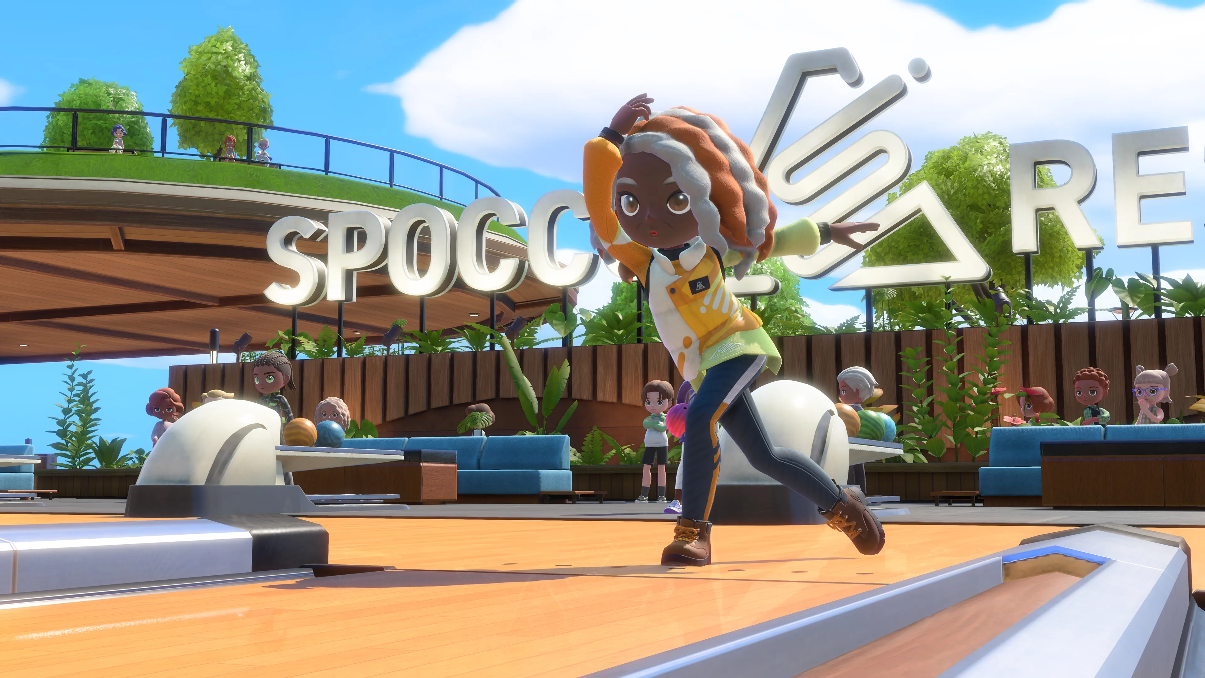 Une joueuse lance sa boule sur une piste de bowling en plein air, sur l’île Wuhu de Nintendo Switch Sports Resort. Image : Nintendo
