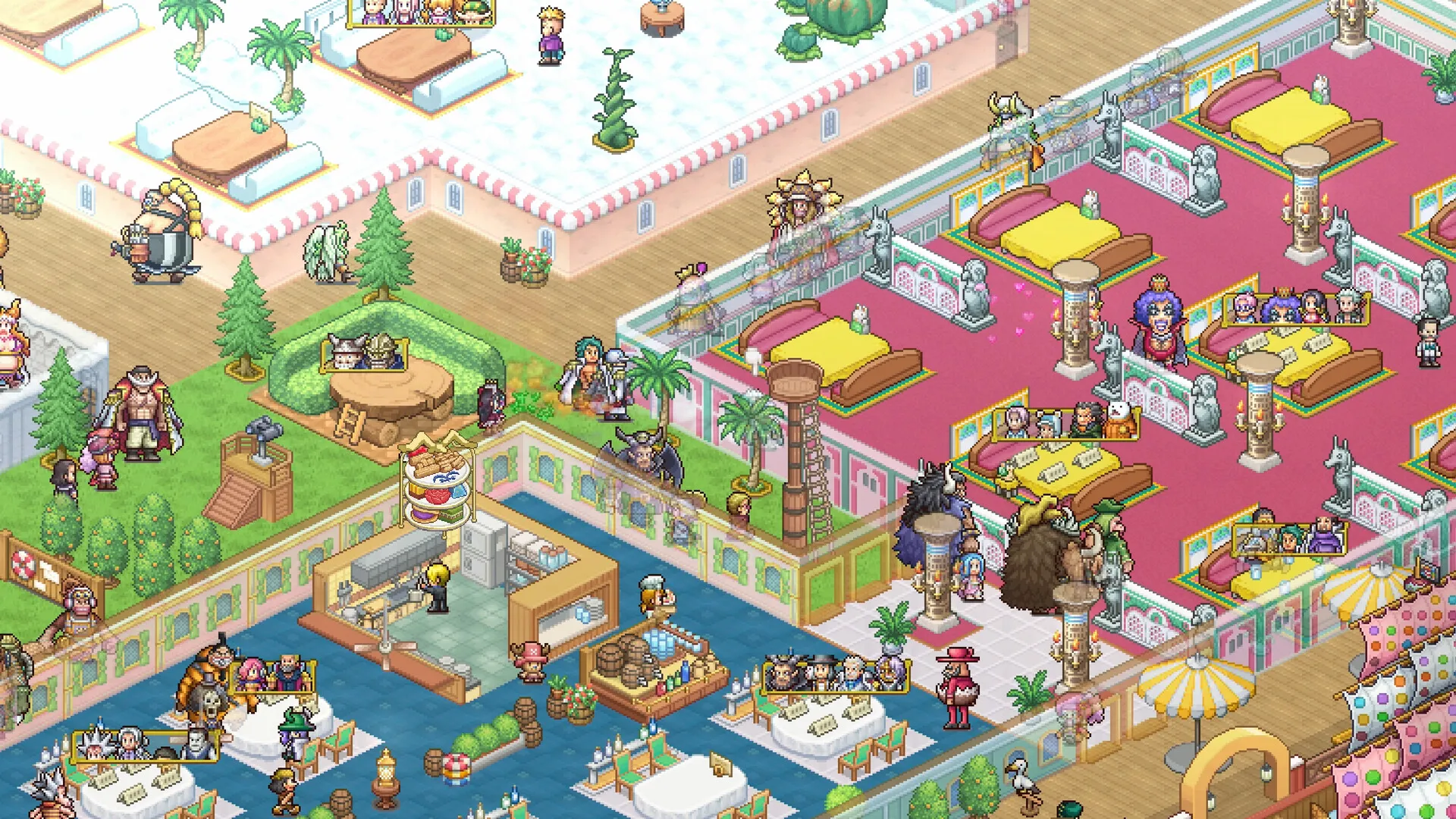 La salle du restaurant flottant de ONE PIECE: Grand Gourmet en pixel art, avec ses tables, ses clients et sa décoration. Image : Bandai Namco Entertainment / Kairosoft