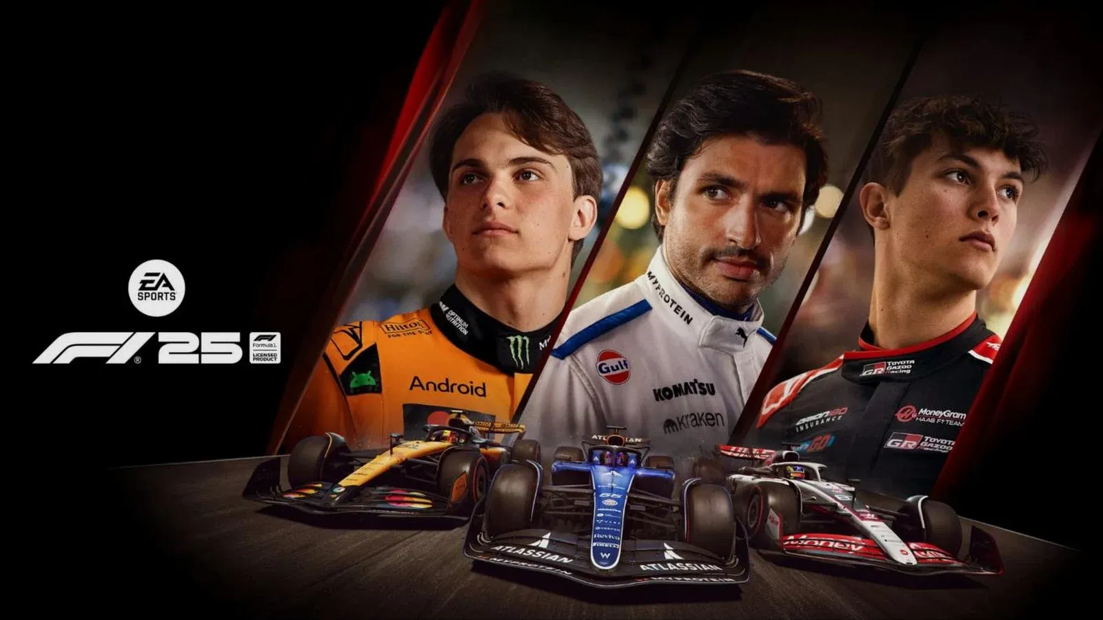 Visuel officiel de F1 25 : trois pilotes en tenue d’écurie, avec leurs monoplaces au premier plan, à côté du logo du jeu sur fond noir.