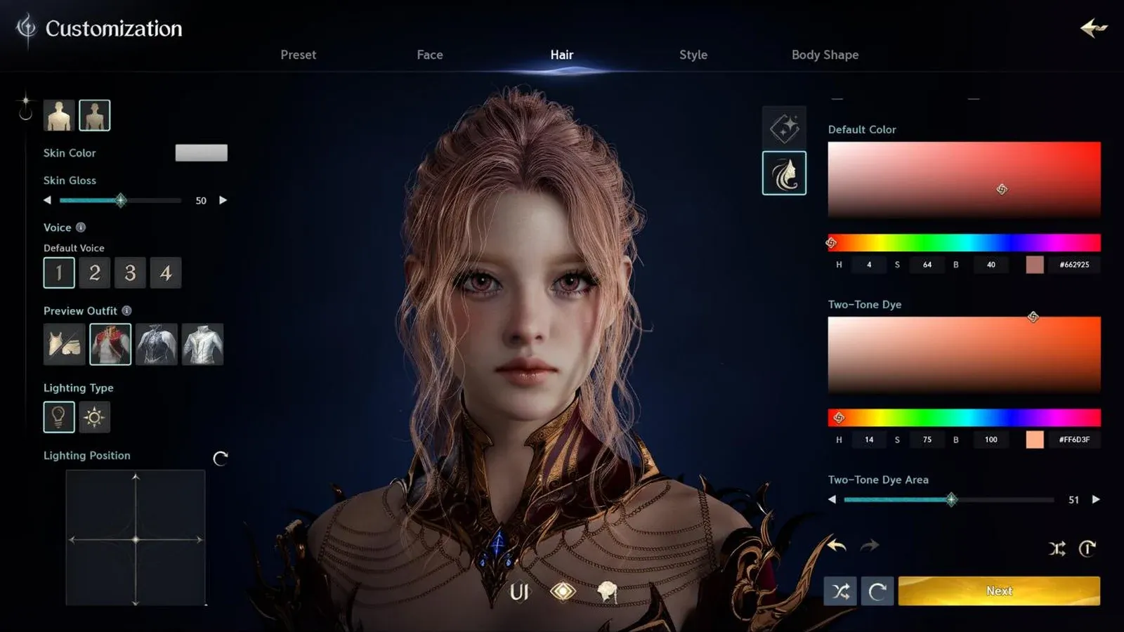 Écran de création de personnage d’AION 2 : le visage d’une héroïne aux cheveux roux-rosés, avec les réglages de couleur de cheveux à droite.