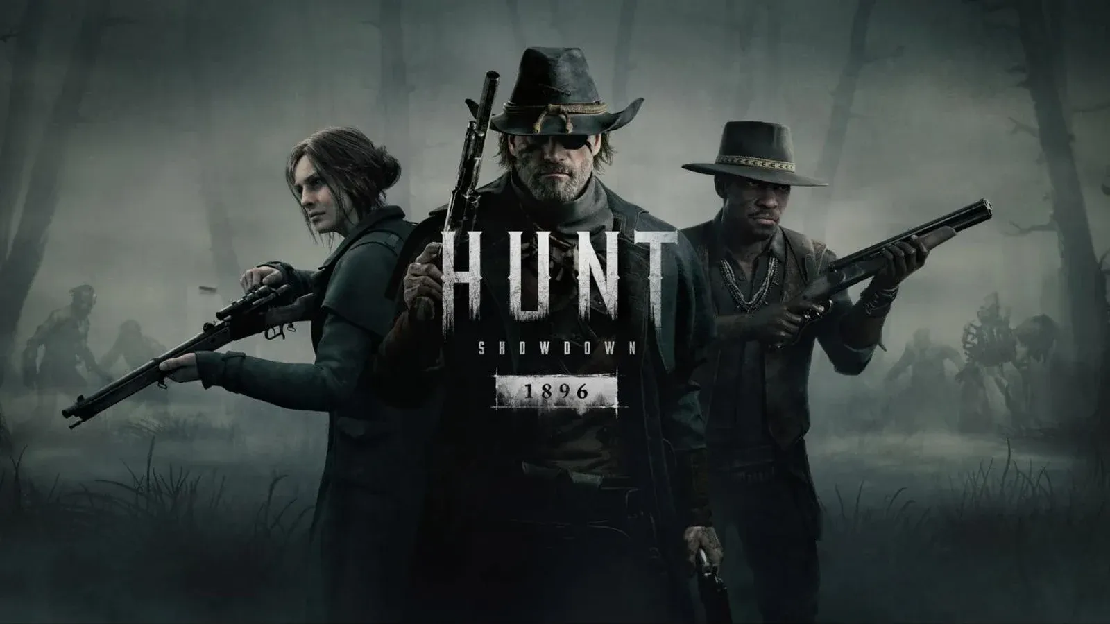 Visuel officiel de Hunt: Showdown 1896 : trois chasseurs armés posent dans un marais brumeux, avec des silhouettes de monstres en arrière-plan, sous le logo du jeu.