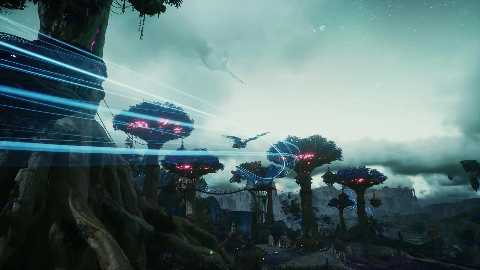 Un village d’arbres géants aux feuillages violets et roses, avec des traînées bleues lumineuses qui filent dans le ciel et une créature volante au loin dans AION 2.