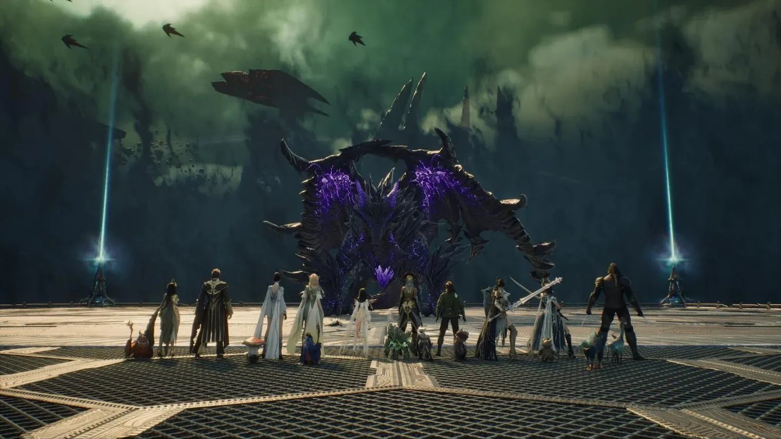 Une dizaine de joueurs, accompagnés de leurs familiers, font face à un immense monstre noir aux veines violettes sur une grande plateforme dans AION 2.