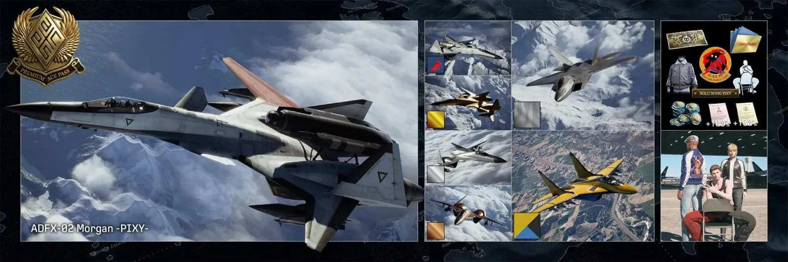 Récompenses du PREMIUM ACE Pass, dont l’ADFX-02 Morgan de Pixy, des peintures d’avions et des tenues pour l’avatar.