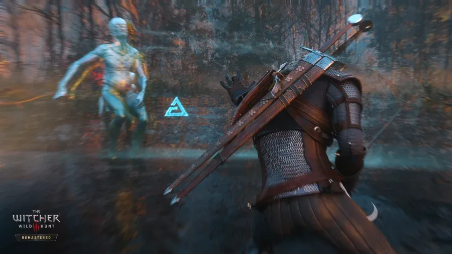 Après : la même scène dans The Witcher 3 Remastered, où Geralt lance un signe dont le symbole bleu brille dans l’air, avec un effet de flou de mouvement et une forêt aux couleurs d’automne.