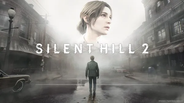 James Sunderland se tient dans une rue brumeuse sous le portrait de Mary et le logo Silent Hill 2.